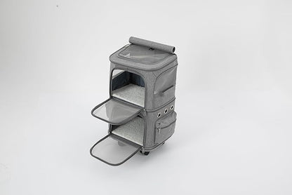 Rolling Pet Carrier for 2 Pets,Double-Compartment Pet Rolling Carrier with Wheels for 2 Pets,for Up to 22 LBS,Super Ventilated Design,Ideal for Traveling/Hiking/Camping (Grey)