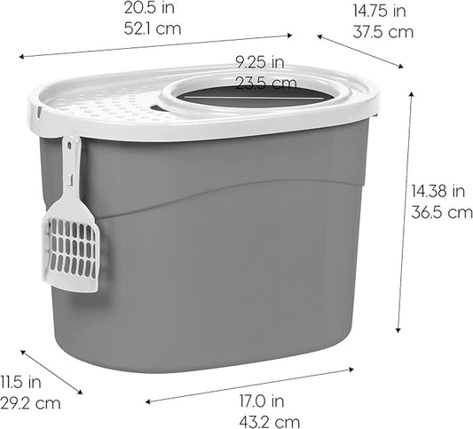 IRIS USA Large Top Entry Cat Litter Box with Lid Enclosed Covered Hooded Design Litter Catching Scatter Shield Pan Dog Proof Pet Proof Scoop Included Odor Control for Indoor Cats Kittens Gray/White
