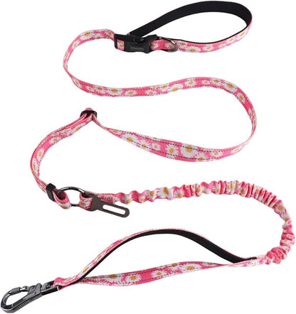 Hands Free Dog Leash, No Pull Bungee Dog Running Waist Leash, with Car Seat Belt, Reflective Stripes, Heavy Duty for Medium and Large Dogs. (Daisy Pink, Large)