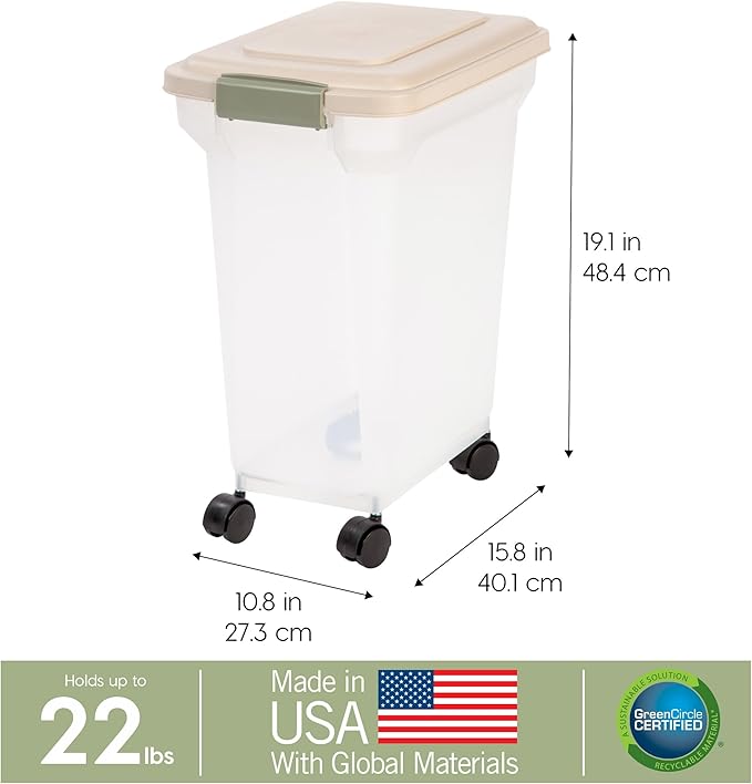 IRIS USA Airtight Dog Food Storage Container, WeatherPro, Up to 22 lbs, Removable Wheels, for Dog Cat Bird and Other Pet Food Storage Bin, Keep Fresh, Made in USA, Almond/Clear