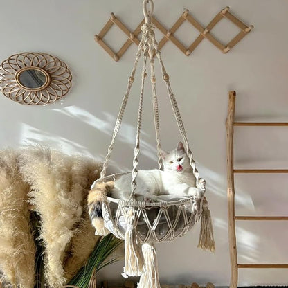 Macrame Cat Hammock Bed in Cotton White - Extra Large 40" Hanging Swing for Large Cats, Handmade Natural Rope Pet Nest, Boho Modern Wall Mounted Cat Chair, No Cushion
