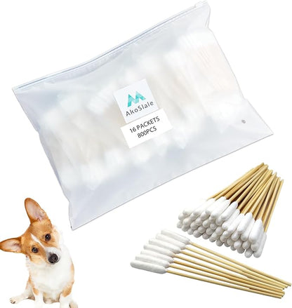 Dog Ear Swabs, 800 Count – 4.72 Inch Bamboo Cotton Swabs with Large Lint-Free Absorbent Tips for Medium Dogs, Wax Removal & Daily Grooming, Eco-Friendly, 16 Resealable Bags