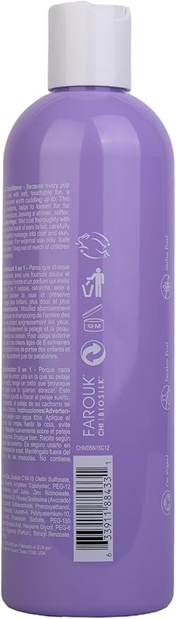 CHI Vibes for Dogs 5-in-1 Shampoo & Conditioner, Cleans + Deodorizes + Moisturizes + Detangles + Helps De-Shed, Vegan pH Balanced, Gluten & Paraben Free, Made in USA, 12 Fl Oz