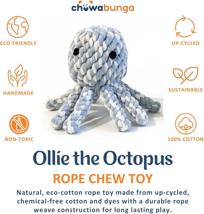 Ollie the Octopus Dog Toy Tough 4 Inch Handmade Eco Cotton Rope Dog Toy Octopus with Natural, Non-Toxic Dyes - Dog Octopus Toy for Small Dogs (Blue, Large)
