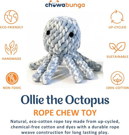 Ollie the Octopus Dog Toy Tough 4 Inch Handmade Eco Cotton Rope Dog Toy Octopus with Natural, Non-Toxic Dyes - Dog Octopus Toy for Small Dogs (Blue, Large)