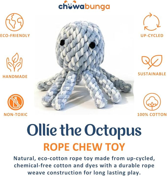 Ollie the Octopus Dog Toy Tough 4 Inch Handmade Eco Cotton Rope Dog Toy Octopus with Natural, Non-Toxic Dyes - Dog Octopus Toy for Small Dogs (Blue, Large)