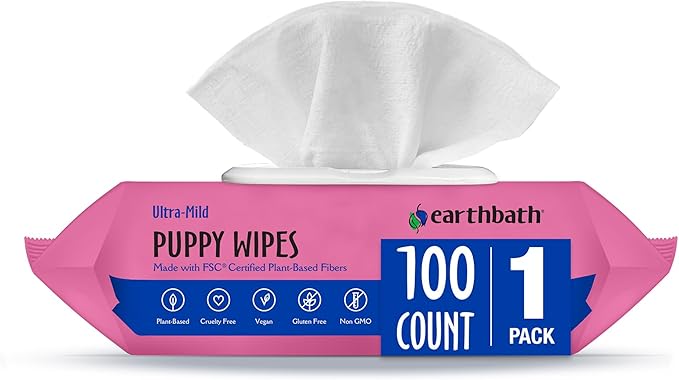 earthbath, Ultra-Mild Wild Cherry Puppy Wipes - Dog Wipes for Paws and Butt, Best Pet Wipes for Dogs & Puppies, Made in USA, Cruelty-Free Dog Cleaning Wipes - 100 Count (1 Pack)