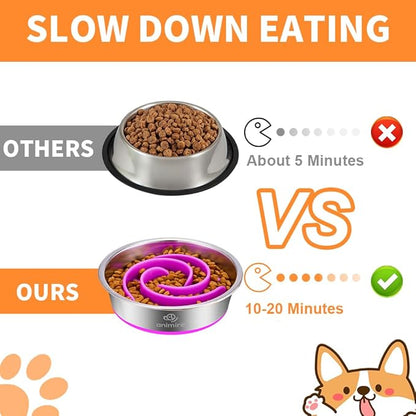 2-in-1 Metal Dog Bowl with Slow Feeder Insert, Stainless Steel Dog Bowls Food Grade 304, Water Food Bowl with Anti-Slip Silicone Base for Small, Medium, Large Dogs