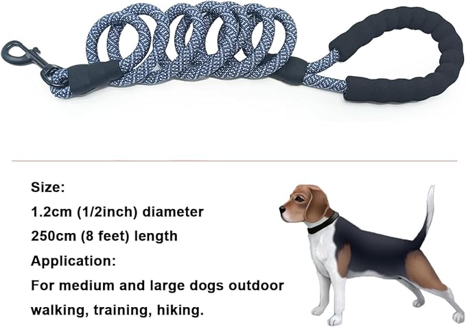 MayPaw Heavy Duty Rope Dog Leash, 6/8/10FT Nylon Pet Leash, Soft Padded Handle Thick Lead Leashes for Large Medium Dogs Walking Jogging (1/2" * 8', Navy)