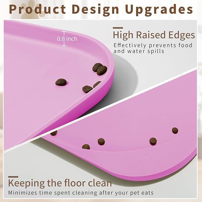 Silicone Pet Food Mat with Raised Edge for Food and Water Bowl, Dog Feeding Mats, Cat Food Trays for Floor Waterproof, Rubber Tray for Dogs and Cats, 24 x 16 x 0.8 Pink