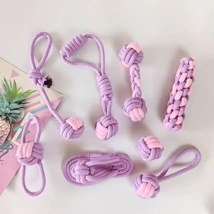 Dog Rope Toys, 7 Piece Cotton Teething and Chewing Set, Purple and Pink (Picture Color)