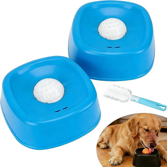 Lick and Roll Slow Feeder Bowl for Dogs, Food-Grade Rubber, Interactive Treat Feeding, Anti-Slip, Built-in Ball Roller, for Small, Medium and Large Breeds (2Pcs-Blue)