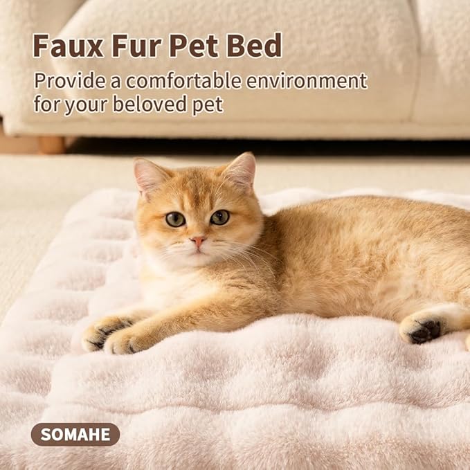 Cat Bed Mat, Soft Plush Faux Fur Kneading Pet Bed, Machine Washable Cat Sleeping Pad for Indoor Cats & Kittens, Non-Slip Fluffy Cat Rug for Couch Sofa Floor, 23x15 Inch White