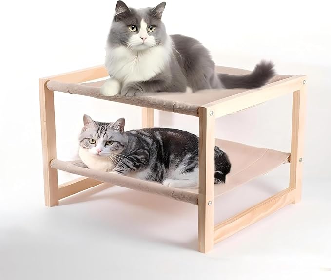 Cat Bed, Double-Layer Wooden Cat Hammock for Indoor/Outdoor, Elevated Small Dog Bed, Made of Natural Materials, Breathable, Comfortable, Sturdy & Durable