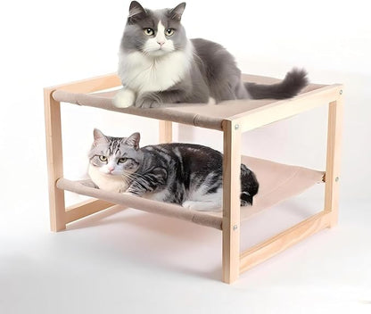 Cat Bed, Double-Layer Wooden Cat Hammock for Indoor/Outdoor, Elevated Small Dog Bed, Made of Natural Materials, Breathable, Comfortable, Sturdy & Durable