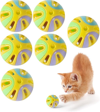 Colorful Cat Toy Balls with Bell, Interactive Hollow Design, Plastic, Training Exercise Toy (Yellow 6 Pack)