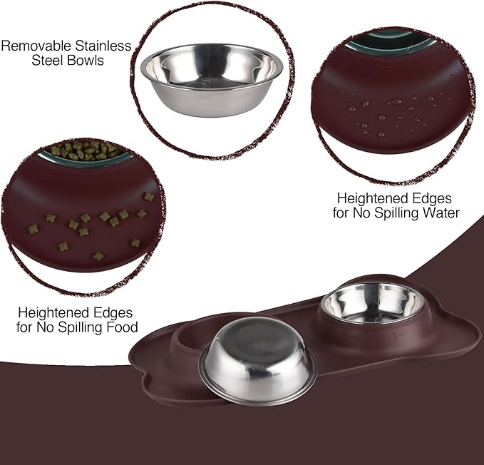Dog Bowls 2 Stainless Steel Bowl for Pet Water and Food Feeder with Non Spill Skid Resistant Silicone Mat for Pets Puppy Small Medium Cats Dogs