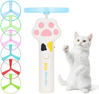 Cat Chase Fetch Toy - Rechargeable Disc Launcher with 6 Flying Spinners - Best Interactive Pet Hunting Toys for Indoor Outdoor Yard Cats Dog (White)