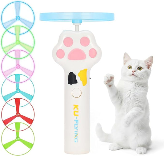 Cat Chase Fetch Toy - Rechargeable Disc Launcher with 6 Flying Spinners - Best Interactive Pet Hunting Toys for Indoor Outdoor Yard Cats Dog (White)
