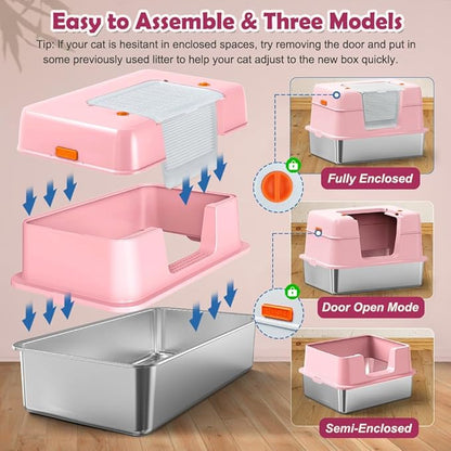 Vivifying Pink Stainless Steel Covered Cat Litter Box – Odor-Control, Easy-Clean Modular Enclosed Kitty Toilet, Elegant Design for Stylish Cat Moms