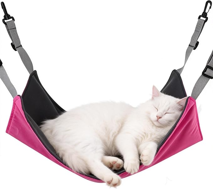 Adjustable Cage Hanging Cat Hammock, 4-Season 2-Sided Bed, Adjustable Waterproof Washable Cooling Mat for Large Kittens,Small Dogs & Rabbits (Rose Pink)