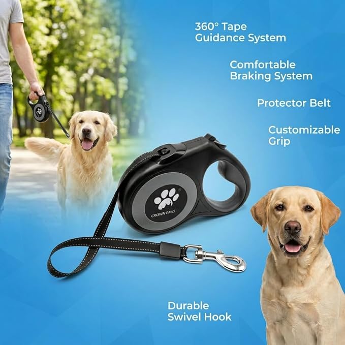 16 ft Retractable Dog Leash for Extra Large Dogs up to 130 lbs,Tangle-Free Nylon Tape,Black Dan24 XL