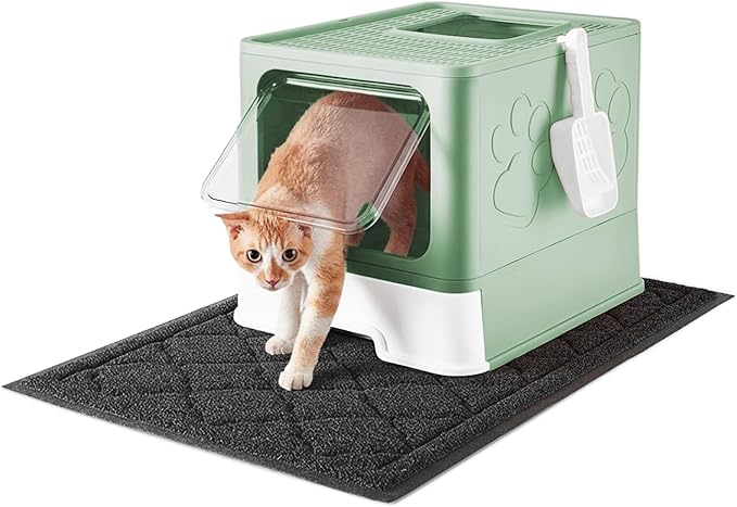 Cat Litter Box with X-Large Litter Mat and Scoop, Large Covered Litter Box with Lid, Enclosed Kitty Box,Front Top Entry Exit, Odor Control Easy to Clean (Upgrade Green)