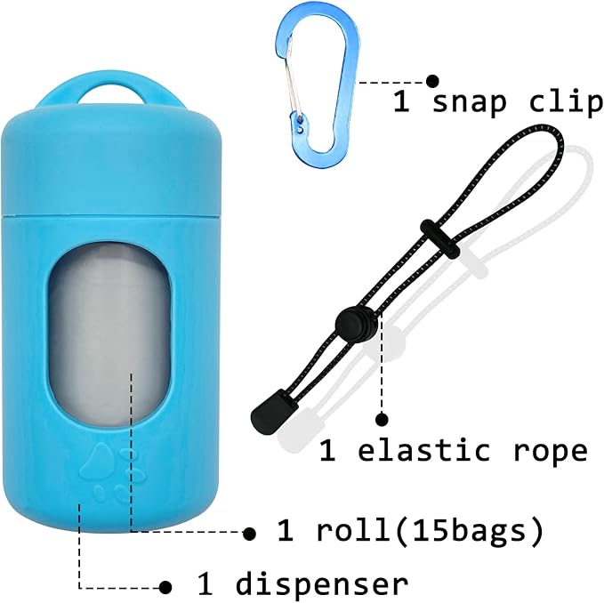Dog Poop Bag Dispenser for Leash with Snap Clip, Skin-friendly Texture Waste Bag Holder for Dog Walks and Cats, Pets Litter Bag Container, Indoor & Outdoor Use (Blue, 1)