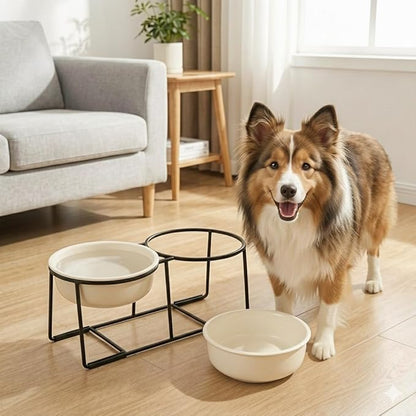 Elevated Ceramic Dog Bowl Set - Double Dishes with Non-Slip Iron Stand - Raised Feeding Station for Food & Water - Ideal for Small and Medium Dogs - 2 × 720ml Capacity - Beige - 15 cm Height