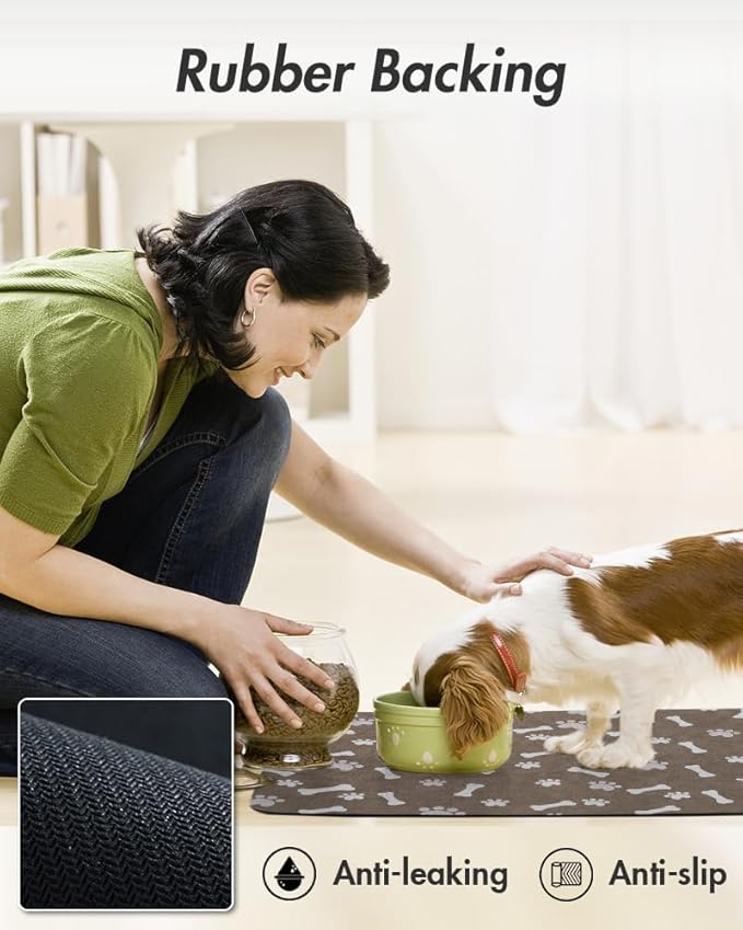 MontVoo Dog Food Mat-Large Pet Feeding Mat for Food and Water-No Stains Quick Dry Dispenser Cat Bowl Mat for Messy Drinkers(23"X34" Brown)