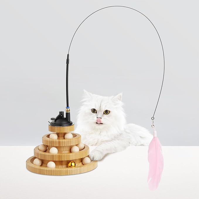 Wooden Cat Ball Track Toy 3-Layer Cat Ball Tower Toy with Suction Cup Cat Teaser Wand Set,Bamboo Cat Toys for Indoor Spinning Bell Balls Kitten Exercise Mental Physical,3pcs Replacement Feathers