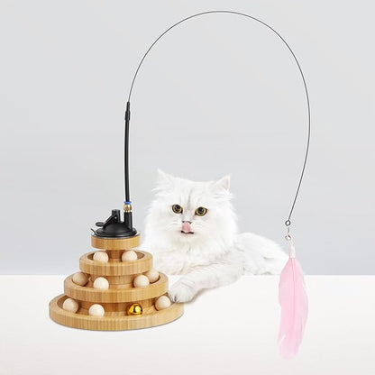 Wooden Cat Ball Track Toy 3-Layer Cat Ball Tower Toy with Suction Cup Cat Teaser Wand Set,Bamboo Cat Toys for Indoor Spinning Bell Balls Kitten Exercise Mental Physical,3pcs Replacement Feathers