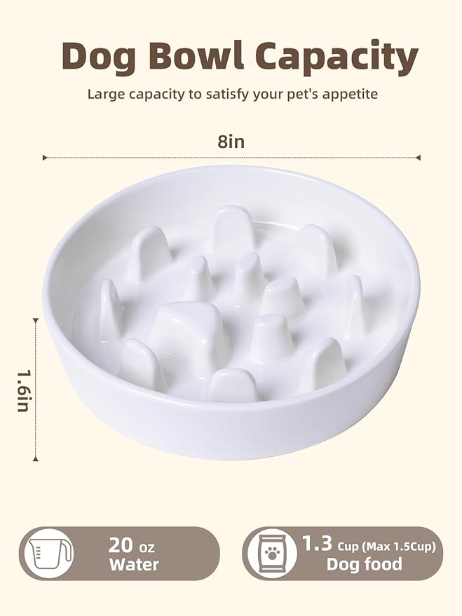 Dog Slow Feeder Bowl, Round Ceramic Pet Food Bowl for Medium Breed, Fun Raised Dog Bowls to Slow Down Eating (White)