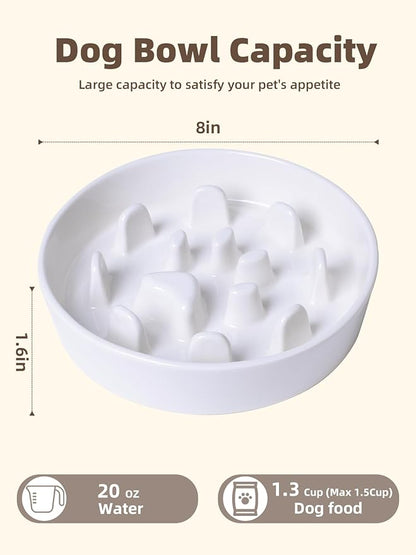 Dog Slow Feeder Bowl, Round Ceramic Pet Food Bowl for Medium Breed, Fun Raised Dog Bowls to Slow Down Eating (White)