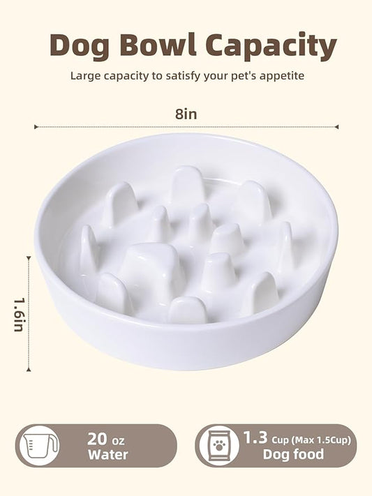Dog Slow Feeder Bowl, Round Ceramic Pet Food Bowl for Medium Breed, Fun Raised Dog Bowls to Slow Down Eating (White)