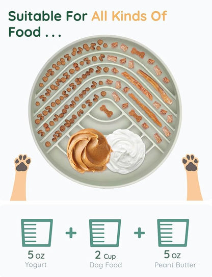 Slow Feeder Dog Bowls, Slowdown Bowl - Silicone Dog Feeding Bowls with Suction Cups for Puppies, Modern Lick Mat Design, Reduces Gulping, Dishwasher Fit, Mealtime Challenge, 7.5" x 1.3" Green