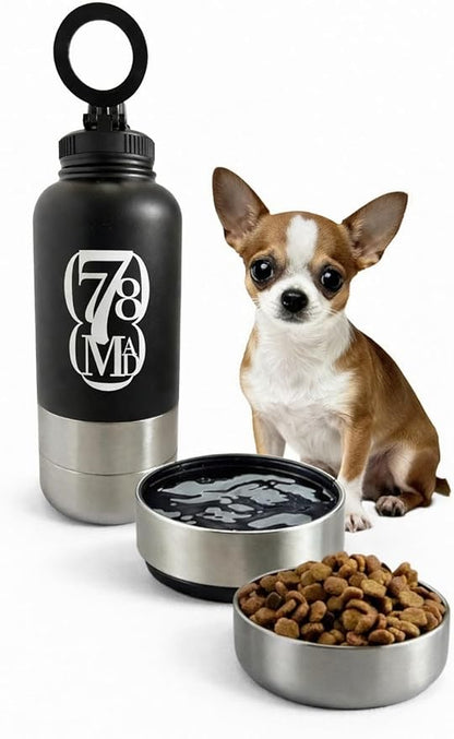 3-in-1 Dog Water Bottles with Food & Water Bowls – Insulated Stainless Steel 32oz Travel Bottle for Walking, Hiking & Outdoor Adventures (Dark Green)