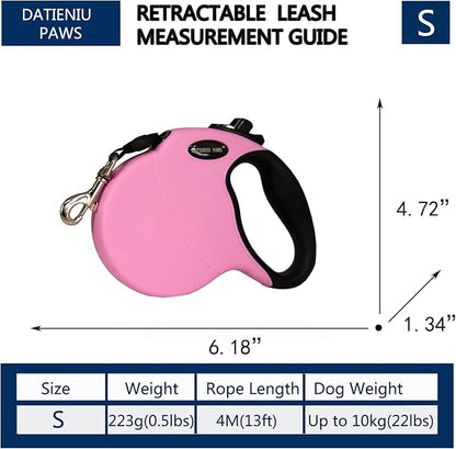 13Ft Chew Proof Retractable Dog Leash Anti-Chewing Wire Ropes Hands-Free Adjustable Safety Lock Durable Nylon Belt for Small Dogs Pink S
