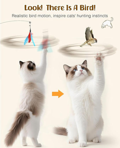 Pawaboo Feather Teaser Cat Toy, Interactive Feather Wand Cats Toy Flying Feathers Cat Catcher with Extra Long 34.5" Wand and Small Bell, Exerciser Playing Toys for Kitten or Cats, Blue + Red Brown