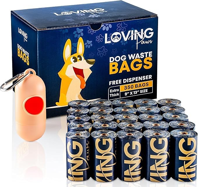 LOVING Paws Premium Dog Waste Bags – 350 Extra-Thick, Leak-Proof & Durable Poop Bags with Dispenser & Leash Clip – Unscented, Easy-Tear, Heavy-Duty Pet Waste Bags for All Dog Sizes