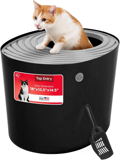 IRIS USA Large Top Entry Cat Litter Box Made in USA, Covered Enclosed Design with Lid, Litter Catching Grooved Top, Scatter Shield, Dog Proof, Scoop Included, Odor Control, Black/Gray