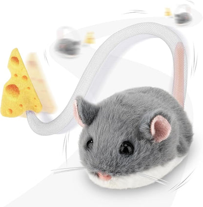 Migipaws Interactive MigiMouse Cat Toy 360° Rolling & Spin with Mesh Plastic Tail for Indoor Cats Smart Motion Sensor, Realistic Squeak, Rechargeable Plush Kitten Toy(Grey)