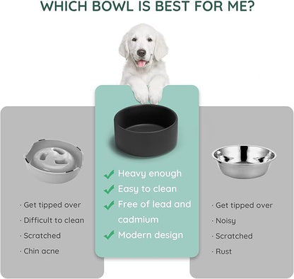 SPUNKYJUNKY 42OZ Ceramic Dog and Cat Bowl, Modern Cute Weighted Food Water Bowl for Replacement Black (2 Pack)