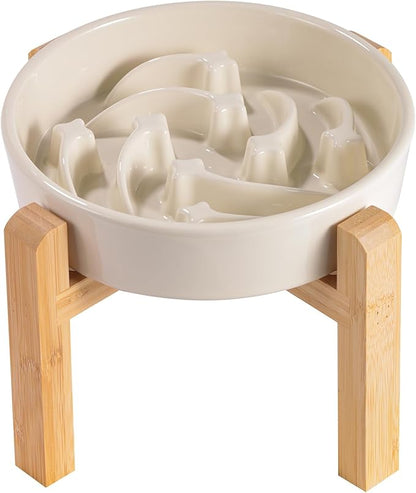 8.26 in Milk White Dog Bowl Slow Feeder Ceramic for Medium and Large Breed,Elevated/Raised Slow Feeding Dog Food Water Dish Heavy Weighted,Puzzle Eating Bowl Modern Maze Meteor