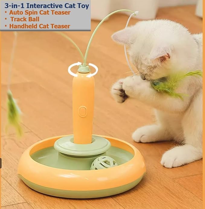 Interactive Cat Toys for Bored Indoor Cats, Automatic Cat Toy 3-in-1 Smart Teaser Wand Featuring Spinning Feather&Rolling Ball Track,Cats Dancer Toy Stimulates Hunting Instincts,Weight Control，Yellow