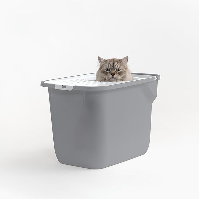 IRIS USA Large Cat Litter Box Top Entry with Lid, Enclosed Litter Box with Litter Catching Lid & Scoop, Covered Cat Litter Box Enclosure for Privacy, High Sided, Gray/White