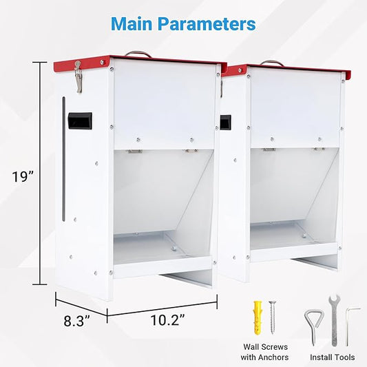 2-Pack Metal Automatic Dog Feeder - 15LBS Food Capacity Automatic Gravity Dispenser, Powder Coated & Waterproof for Indoor & Outdoor Use, 10.2" L x 8.3" W x 19" H, Red and White