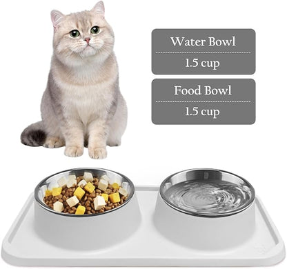 Cat Bowls for Food and Water, Premium Removable Stainless Steel Double Bowls with Non-Slip Bottom & Elevated Stand for Pet and Small Dogs,Upgrade Non-Spill Cat Food Feeder (Light Grey)