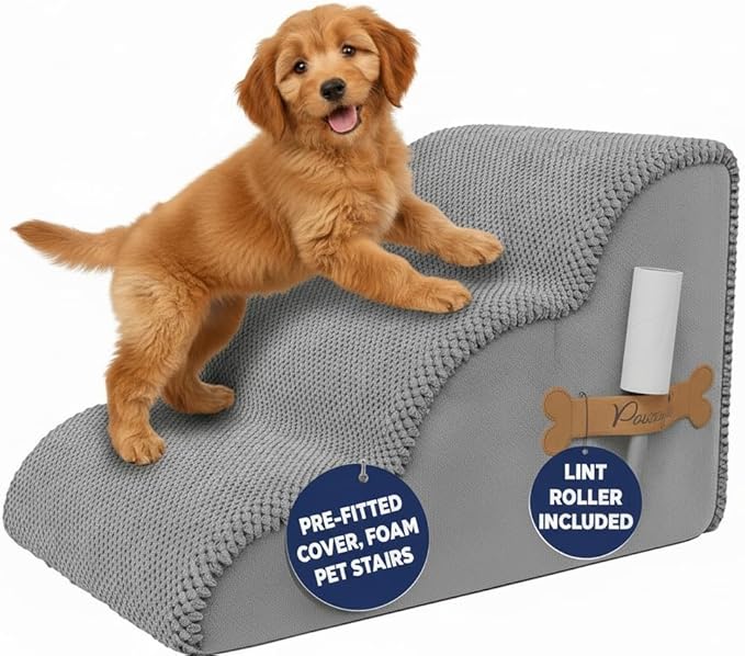 PAWZY Dog Stairs for Medium-Height Beds & Couches, 3-Step Foam Pet Steps 15.5” High for Small Dogs & Cats up to 60 lbs, Wide Non-Slip, Waterproof Washable Zipper Cover, No Assembly, Grey