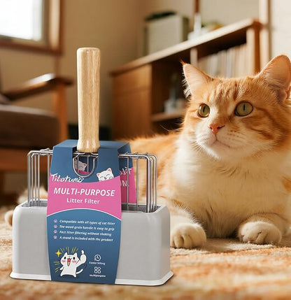 Cat Litter Scoo Easy Use Metal Litter Scoop with Comfortable Beech Wood Grip - One Easy to Clean Stand is Included